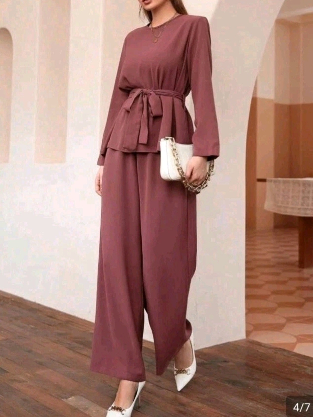 Elegant Mauve Two-Piece Wide-Leg Jumpsuit Set with Tie Waist